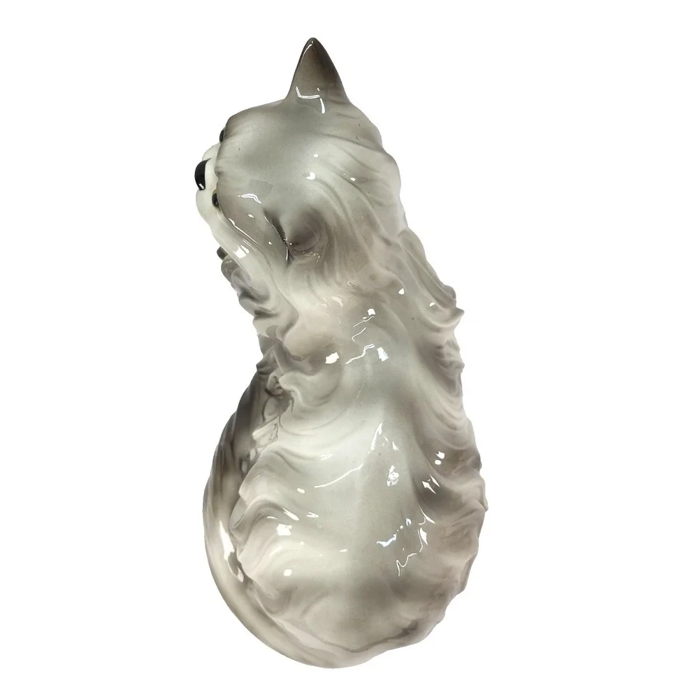 Vintage Large Ceramic Cat Grey Persian MCM Glossy Glaze Finish 17
